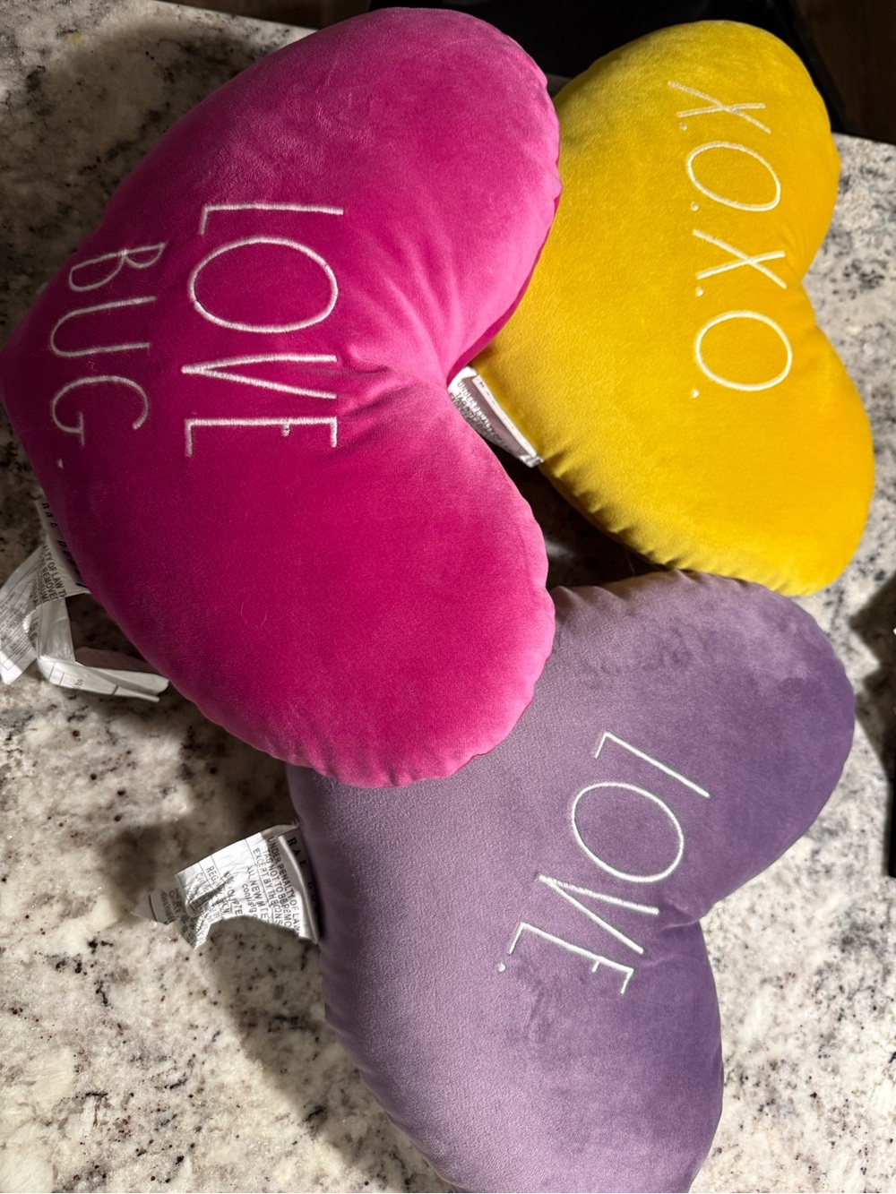 Rae Dunn Heart Throw Pillows - Pink, Yellow & Purple Velvet Hearts